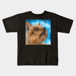 Painting of a Brown Yorkshire Terrier Looking Up With a Cute Facial Expression on Blue Background Kids T-Shirt